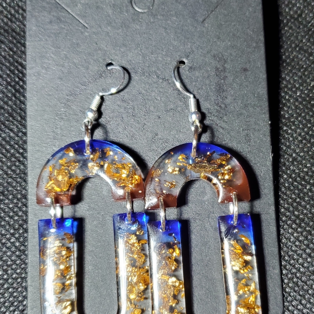 Gold and Blue Resin Hoop Earrings - Picture 3 of 9